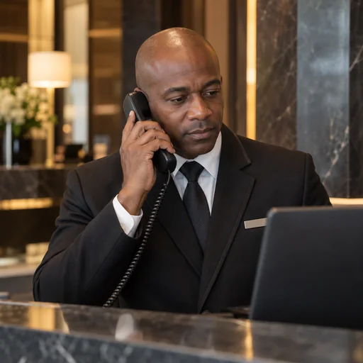 A concierge handles a telephone call at the front desk.