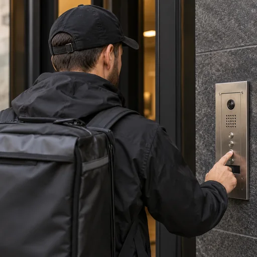 A courier checks a residential building’s intercom.
