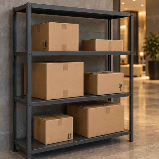 Delivery parcels sit on a lobby shelf.