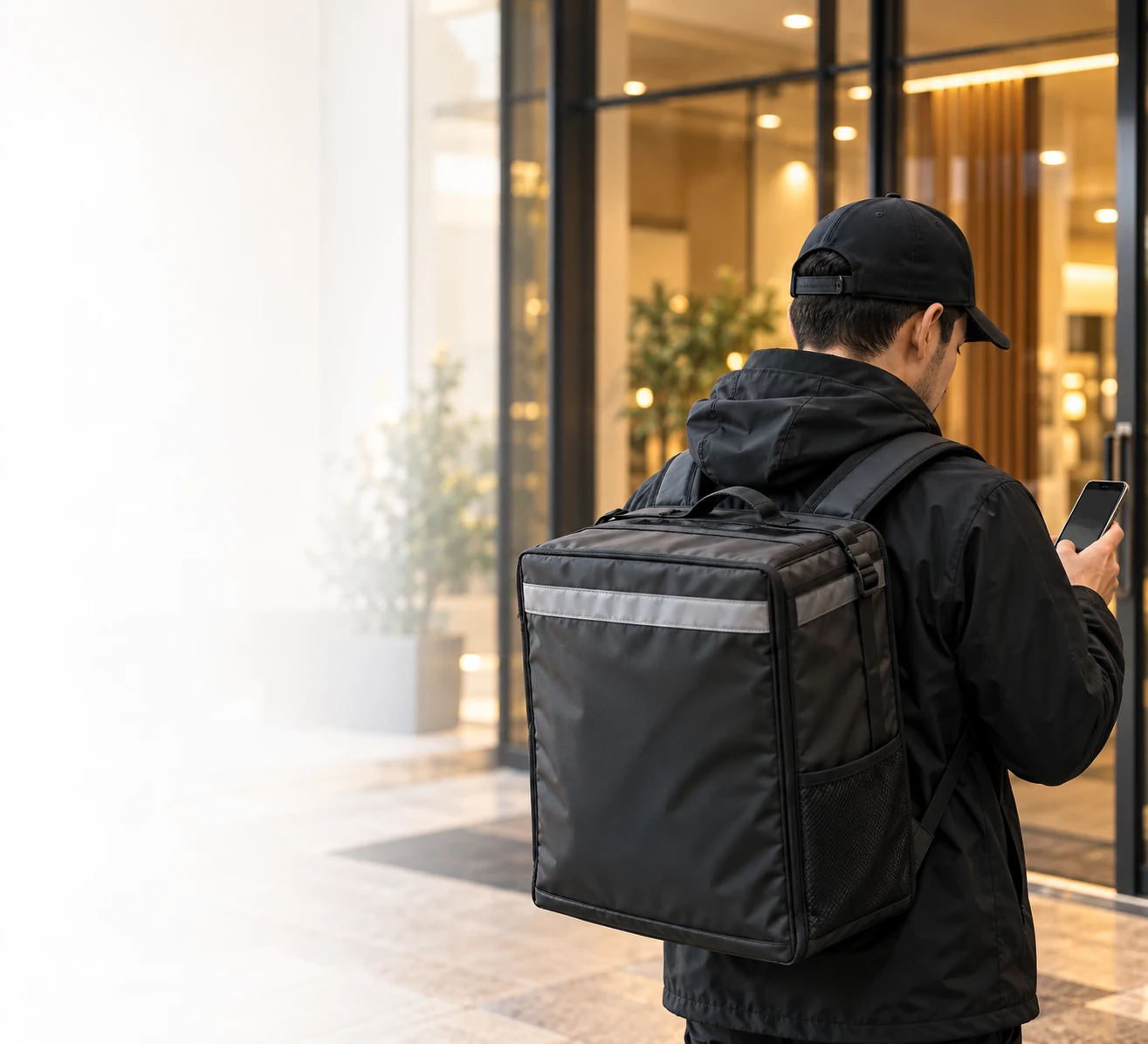 Courier checking delivery instructions at an apartment entrance.