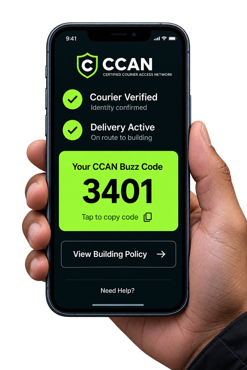 Illustrative courier app preview showing verification and building-policy context